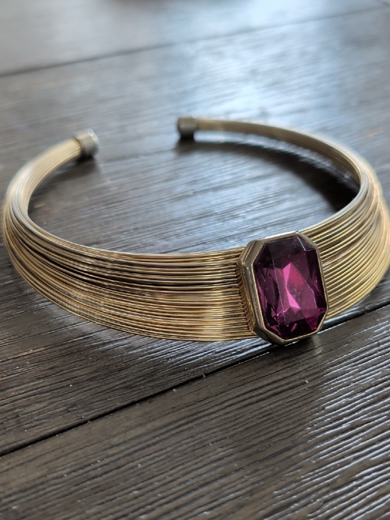 None Jewelry - Vintage Gold Tone Choker Necklace with Pink Diamante Circa 1980s